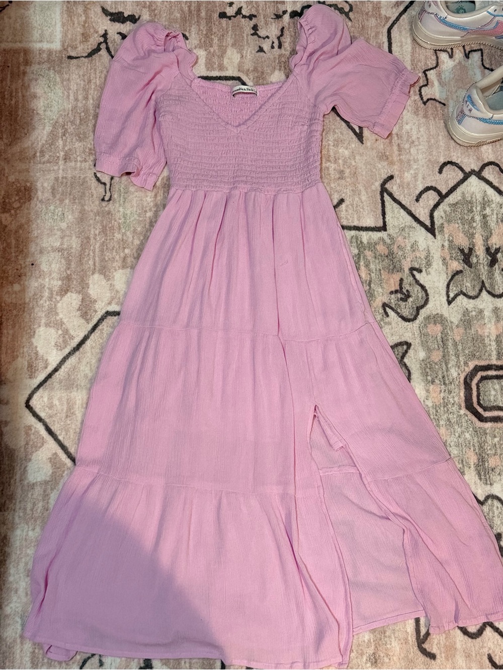 Abercrombie & Fitch Light Pink Tiered Maxi Dress with Puff Sleeves